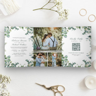 Modern Eucalyptus Photo Collage QR Code Wedding Tri-Fold Invitation
