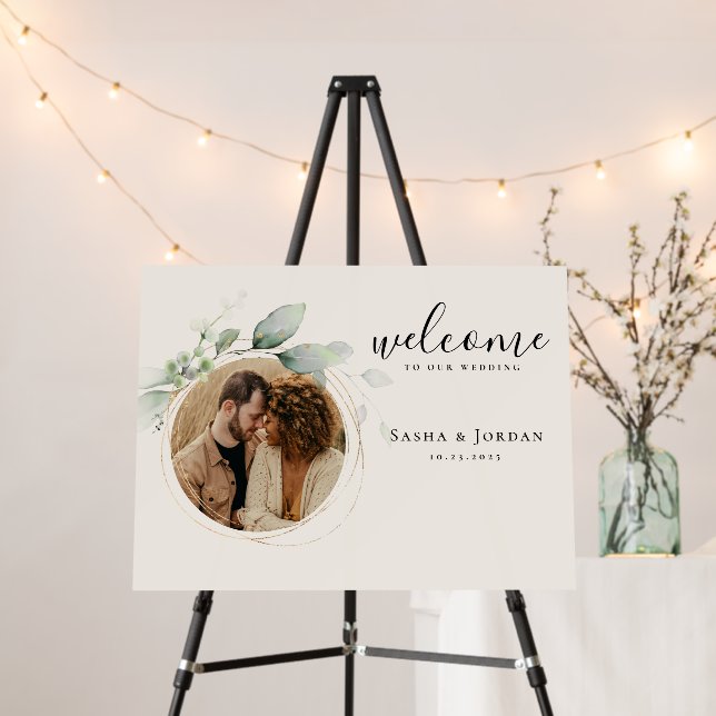 Modern Eucalyptus Photo Ecru Wedding Welcome Sign (In Situ (Stand))