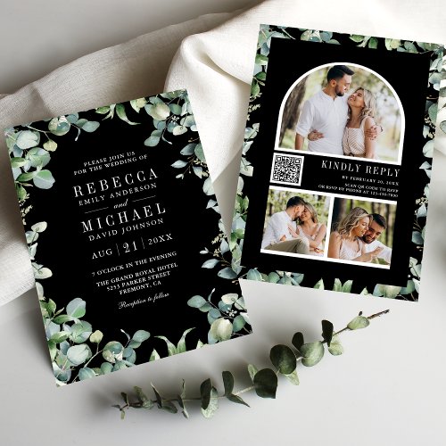 Modern Eucalyptus Photo QR Code Black Wedding Invitation