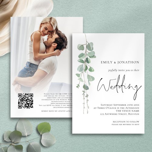 Modern Eucalyptus Photo Script Sage Wedding Invitation