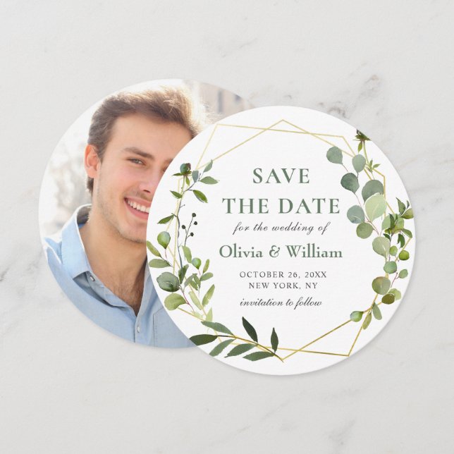 Modern Eucalyptus PHOTO Wedding SAVE THE DATE Invitation (Front/Back)