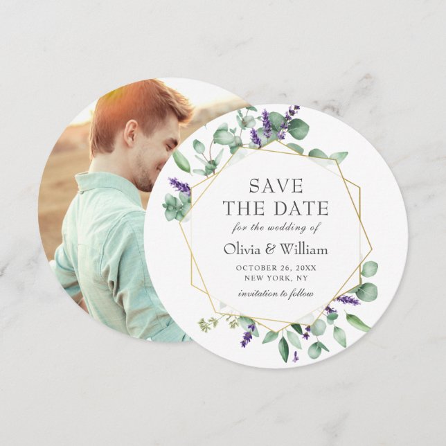 Modern Eucalyptus PHOTO Wedding SAVE THE DATE Invitation (Front/Back)