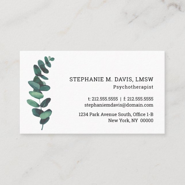 Modern Eucalyptus Psychotherapist Business Card (Front)