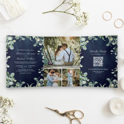 Modern Eucalyptus QR Code Navy Blue Wedding Tri_Fold Invitation