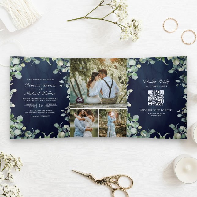 Modern Eucalyptus QR Code Navy Blue Wedding Tri-Fold Invitation (Creator Uploaded)