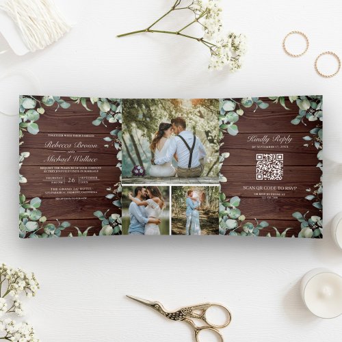 Modern Eucalyptus QR Code Rustic Wood Wedding Tri_Fold Invitation