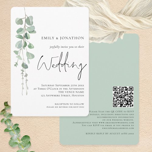Modern Eucalyptus QR Code Script Wedding Invitation