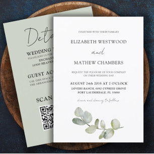 Modern Eucalyptus Sage Green All In One Wedding Invitation