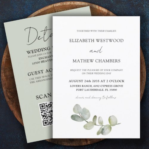 Modern Eucalyptus Sage Green All In One Wedding   Invitation
