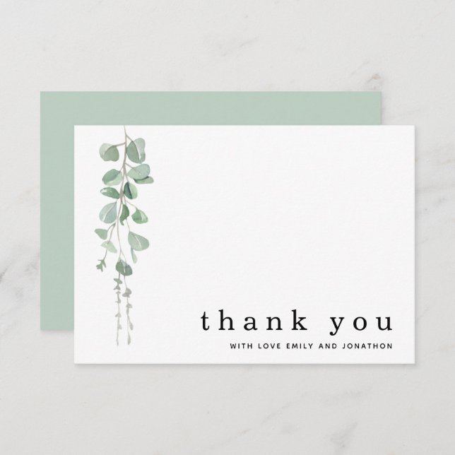 Modern Eucalyptus Sage Names Wedding Thank You Note Card (Front/Back)