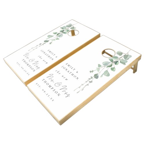 Modern Eucalyptus Script New Mrs Mrs Names Date Cornhole Set