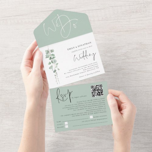 Modern Eucalyptus Script QR Code Wedding All In One Invitation