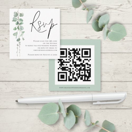 Modern Eucalyptus Script QR Code Wedding RSVP  Enclosure Card
