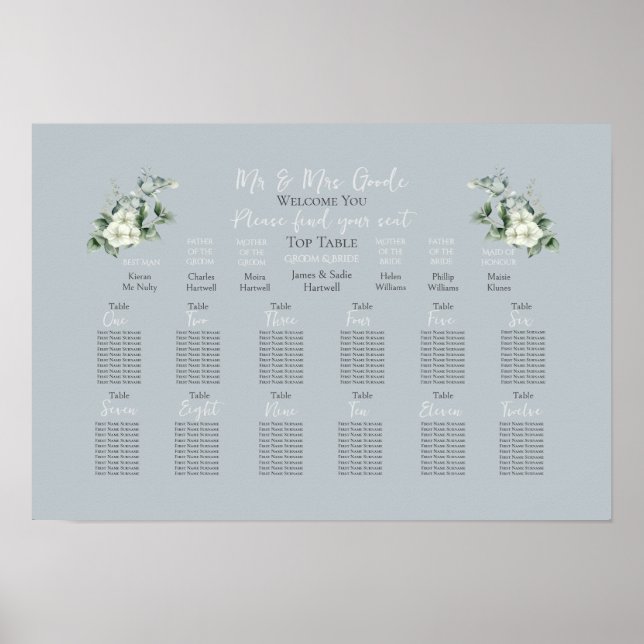 Modern Eucalyptus Seating Chart~12 Tables Poster (Front)
