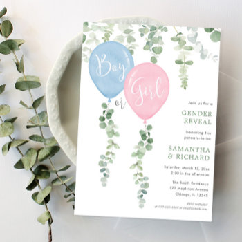 Modern Eucalyptus Simple Balloon Gender Reveal Invitation by StyleswithCharm at Zazzle