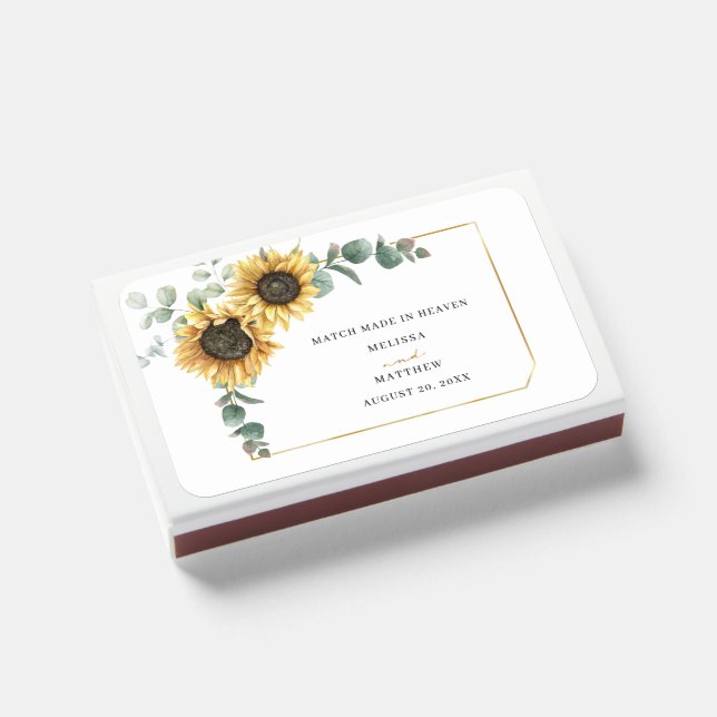 Modern Eucalyptus Sunflower Wedding Favor Matchboxes (Front Closed)