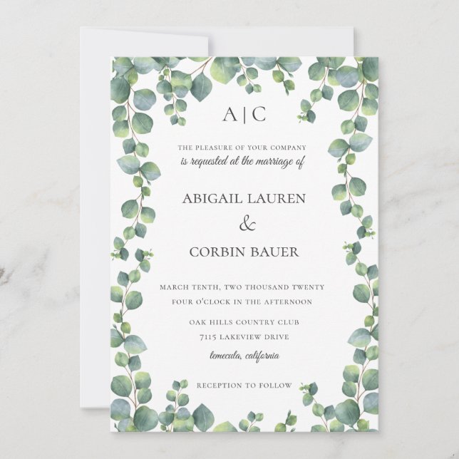 Modern Eucalyptus Vine Frame Wedding Invitation (Front)