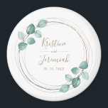Modern Eucalyptus Watercolor Coffee Script Wedding Magnet<br><div class="desc">These custom botanical magnets make and elegant wedding favor. This modern design template features a coffee brown metallic round frame accented by hand painted watercolor eucalyptus greenery with your names and date to personalize in hand lettered script typography. Please check out our I Love Weddingz shop to find more selections...</div>