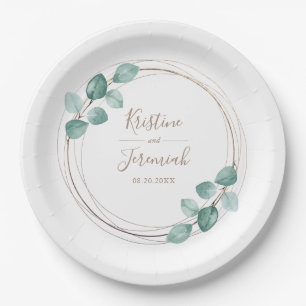 Modern Eucalyptus Watercolor Coffee Script Wedding Paper Plates
