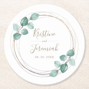 Modern Eucalyptus Watercolor Coffee Script Wedding Round Paper Coaster