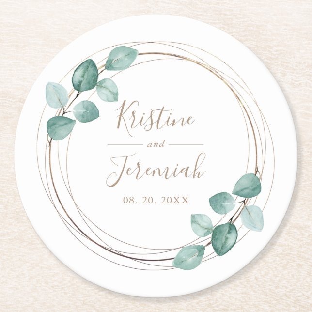 Modern Eucalyptus Watercolor Coffee Script Wedding Round Paper Coaster (Front)