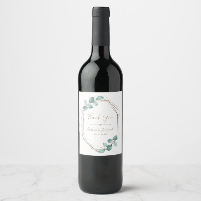 Modern Eucalyptus Watercolor Coffee Script Wedding Wine Label (Front)