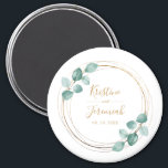 Modern Eucalyptus Watercolor Gold Script Wedding Magnet<br><div class="desc">These custom botanical magnets make and elegant wedding favor. This modern design template features a faux gold round frame accented by hand painted watercolor eucalyptus greenery with your names and date to personalize in hand lettered typography. Please check out our I Love Weddingz shop to find more selections in this...</div>