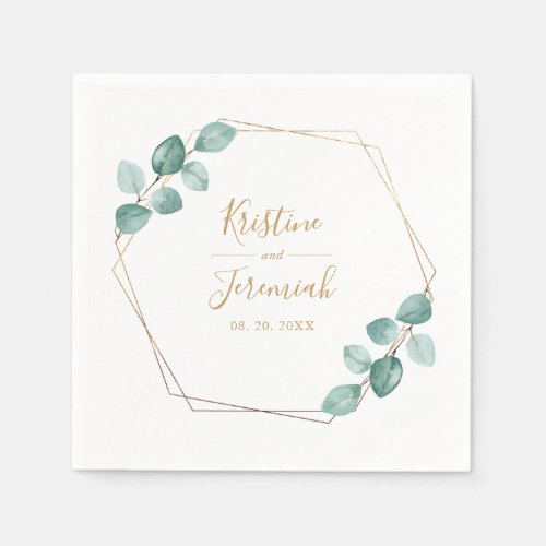 Modern Eucalyptus Watercolor Gold Script Wedding Napkins