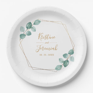 Modern Eucalyptus Watercolor Gold Script Wedding Paper Plates