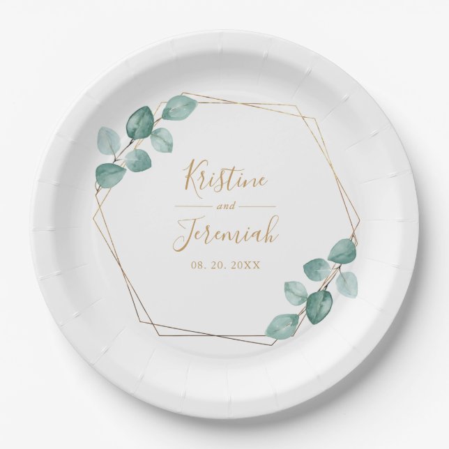 Modern Eucalyptus Watercolor Gold Script Wedding Paper Plates (Front)