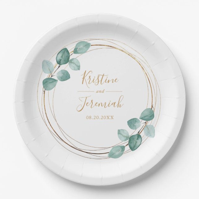 Modern Eucalyptus Watercolor Gold Script Wedding Paper Plates (Front)