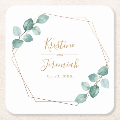 Modern Eucalyptus Watercolor Gold Script Wedding Square Paper Coaster