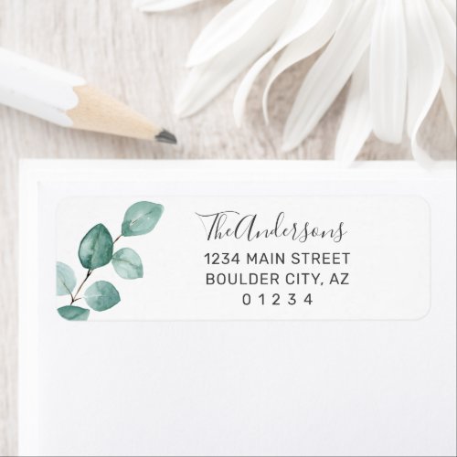 Modern Eucalyptus Watercolor Gray Script Address Label