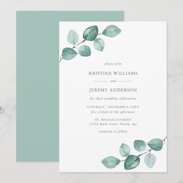 Modern Eucalyptus Watercolor Greenery Wedding Invitation (Front/Back)