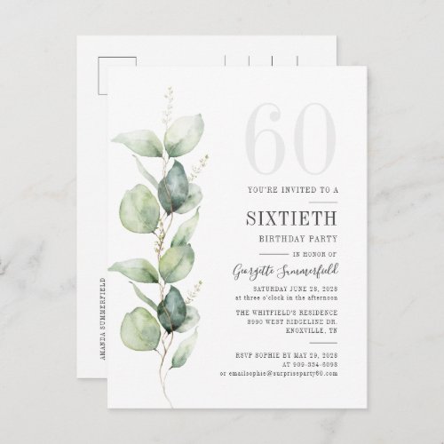 Modern Eucalyptus Watercolor Leaves 60th Birthday Invitation Postcard