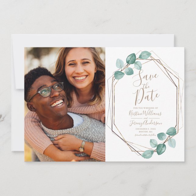 Modern Eucalyptus Watercolor Photo Wedding Save The Date (Front)