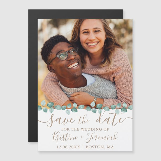 Modern Eucalyptus Watercolor Vine Photo Wedding Magnetic Invitation (Front/Back)
