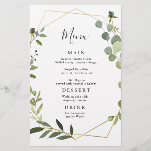 Modern Eucalyptus Watercolor Wedding Dinner Menu