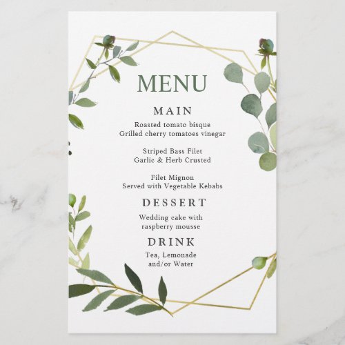 Modern Eucalyptus Watercolor Wedding Dinner Menu