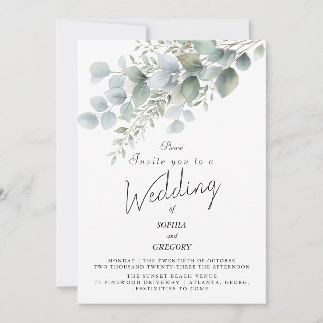Modern Eucalyptus Watercolor Wedding Invitation (Front)