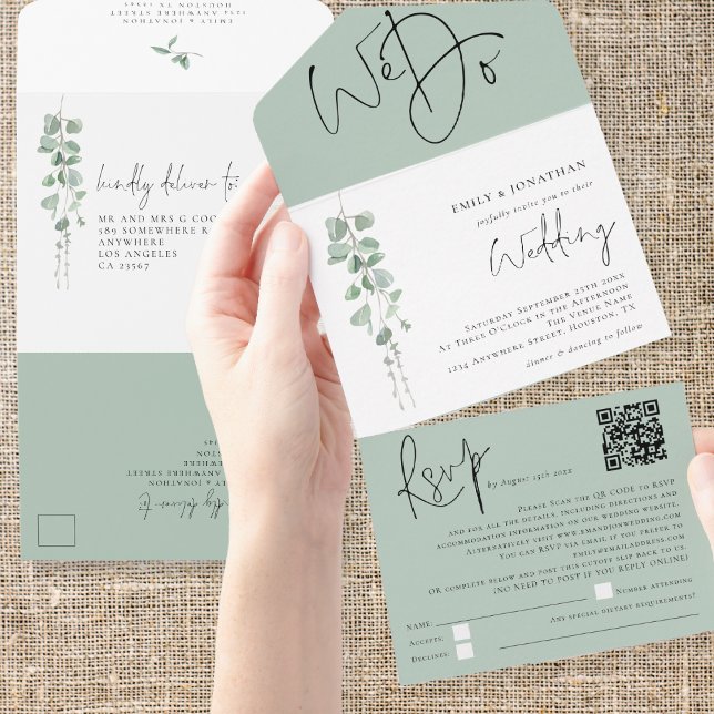 Modern Eucalyptus We Do QR Code Wedding All In One Invitation (Convenient all in one invitation and rsvp.)