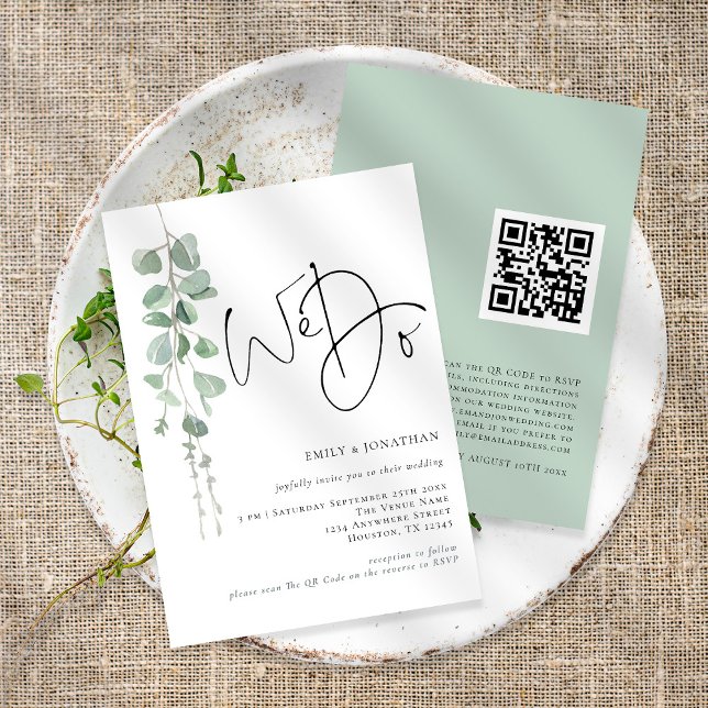 Modern Eucalyptus We Do QR Code Wedding Invitation (Front and back view)