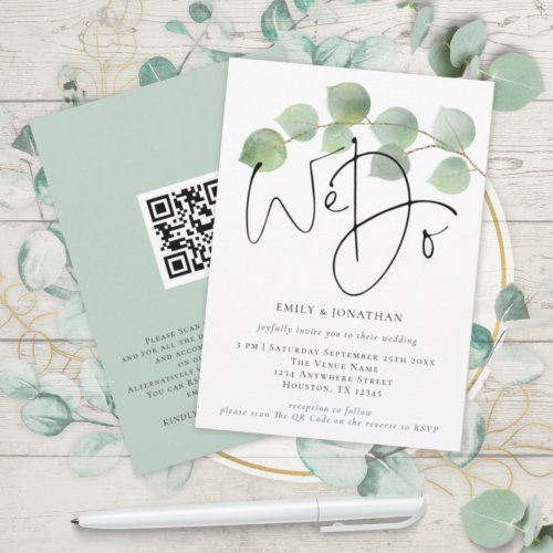 Modern Eucalyptus We Do QR Code Wedding Invitation