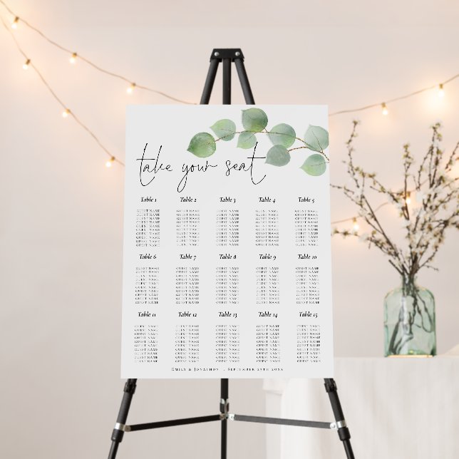 Modern Eucalyptus Wedding 15 Table Seating Chart Foam Board (In Situ (Stand))