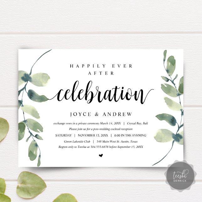 Modern Eucalyptus, Wedding Elopement Celebration Invitation