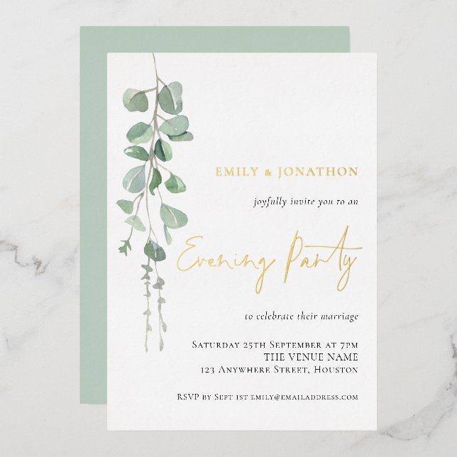 Modern Eucalyptus Wedding Evening Party Gold Real Foil Invitation (Front/Back)