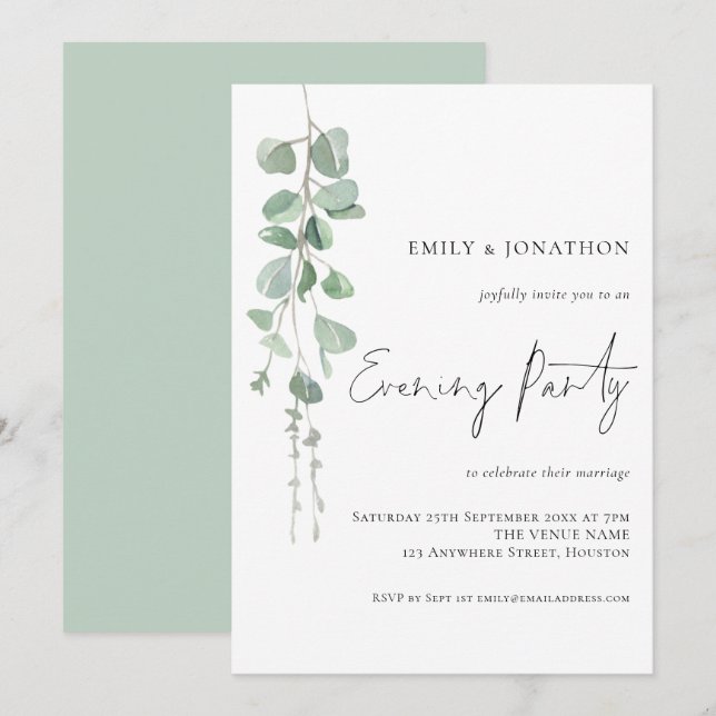 Modern Eucalyptus Wedding Evening Party Invitation (Front/Back)