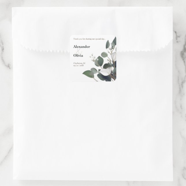 Modern Eucalyptus Wedding Favor Square Sticker (Bag)