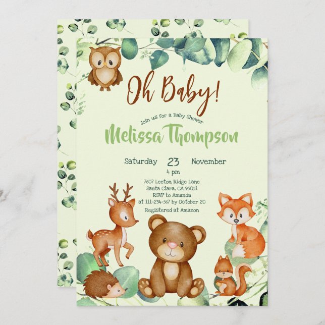 Modern Eucalyptus Woodland Animals Forest Friends  Invitation (Front/Back)