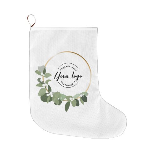 Modern Eucalyptus wreath Custom business logo Large Christmas Stocking